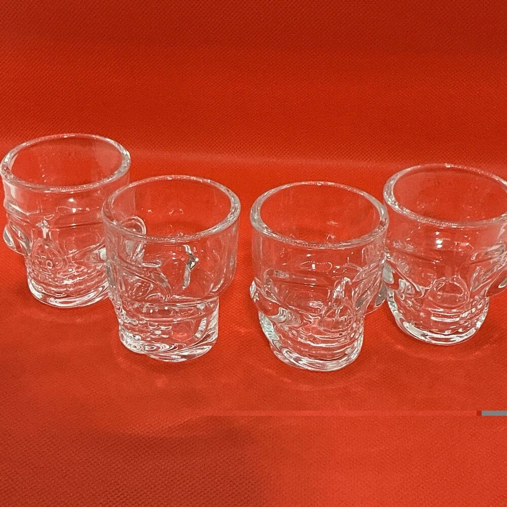 Skull Shot Glass Pair Clear Glass 4pc Set Mardi Gras Halloween Home Bar Decor